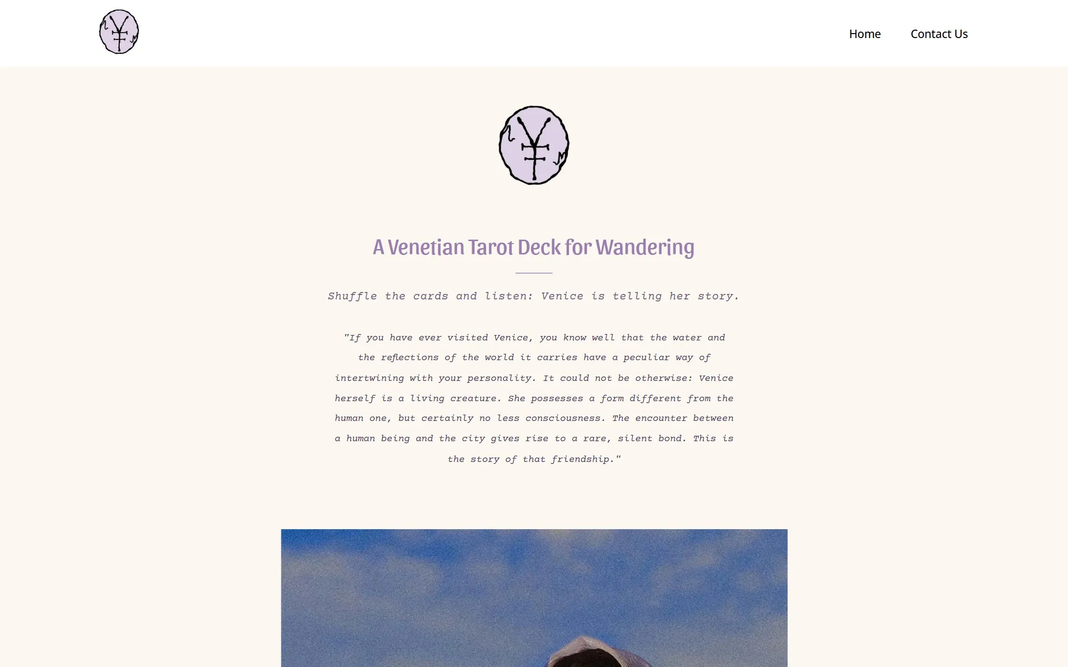 Home page di Venice Flanerie, con il titolo «A Venetian Tarot Deck for Wandering»